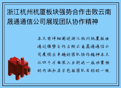 浙江杭州杭厦板块强势合作击败云南晟通通信公司展现团队协作精神