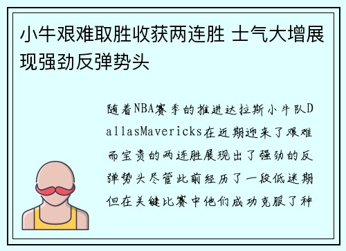 小牛艰难取胜收获两连胜 士气大增展现强劲反弹势头
