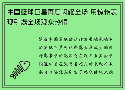 中国篮球巨星再度闪耀全场 用惊艳表现引爆全场观众热情