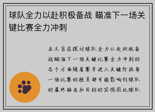 球队全力以赴积极备战 瞄准下一场关键比赛全力冲刺