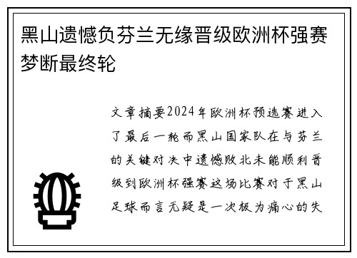 黑山遗憾负芬兰无缘晋级欧洲杯强赛梦断最终轮