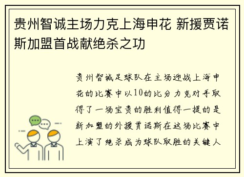 贵州智诚主场力克上海申花 新援贾诺斯加盟首战献绝杀之功