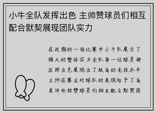 小牛全队发挥出色 主帅赞球员们相互配合默契展现团队实力