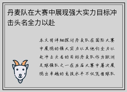丹麦队在大赛中展现强大实力目标冲击头名全力以赴