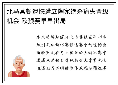 北马其顿遗憾遭立陶宛绝杀痛失晋级机会 欧预赛早早出局