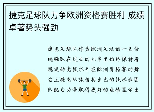 捷克足球队力争欧洲资格赛胜利 成绩卓著势头强劲