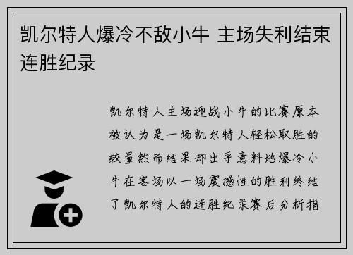 凯尔特人爆冷不敌小牛 主场失利结束连胜纪录