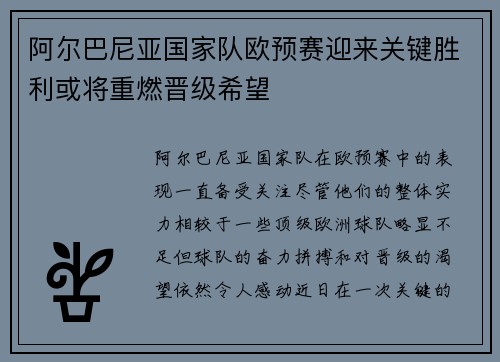 阿尔巴尼亚国家队欧预赛迎来关键胜利或将重燃晋级希望