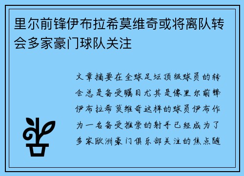 里尔前锋伊布拉希莫维奇或将离队转会多家豪门球队关注